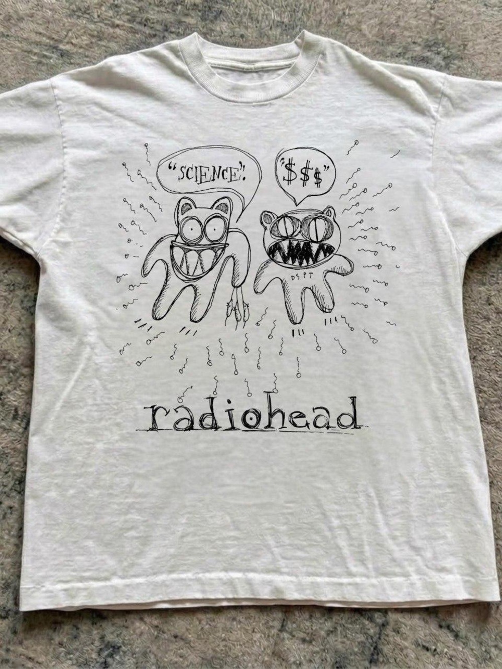 Gildan White Graphic Tee with Black Radiohead Cartoon Print